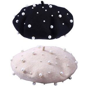Cashmere Beret (Beaded) in Ivory or Black with White Simulated Pearls